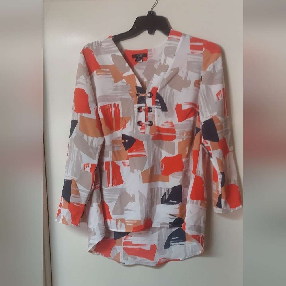 Alfani Multicolor Abstract Lace-up Blouse